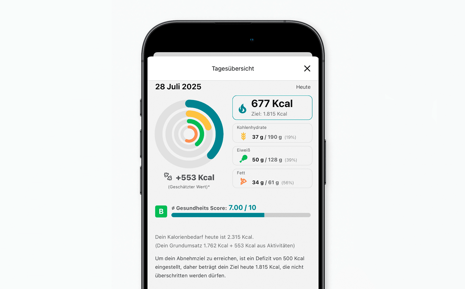 Yammmi daily overview with calories, macros, and health score