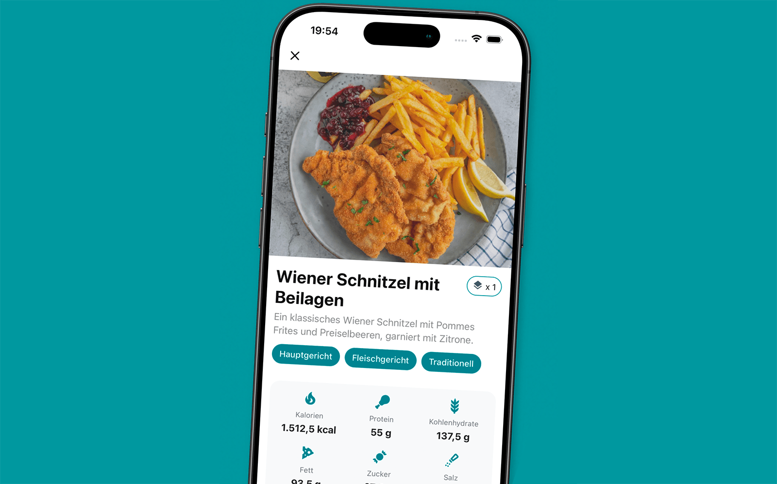 Yammmi app screen showing AI analysis of Wiener schnitzel with sides